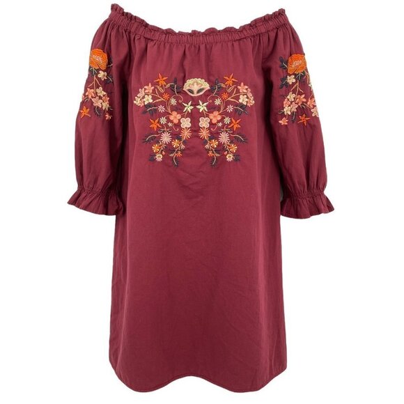 Justify Womens Burgundy Floral Embroidered Balloon Sleeve Tunic Top M Peasant - Picture 1 of 6